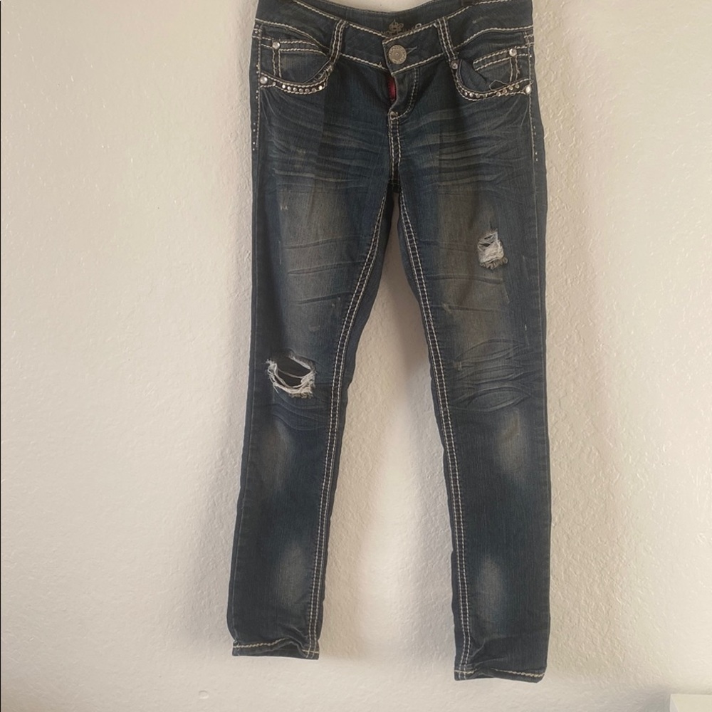 Y2K Almost Famous Blue Skinny Jeans with Distressed Details